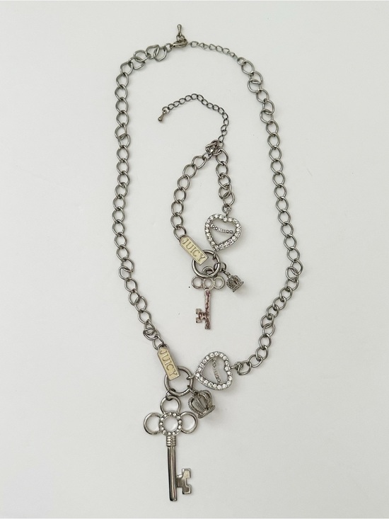 Juicy Couture Jewelry - VINTAGE JUICY COUTURE SILVER-TONE KEY, CRISTAL HEART CHARM NECKLACE BRACELET SET